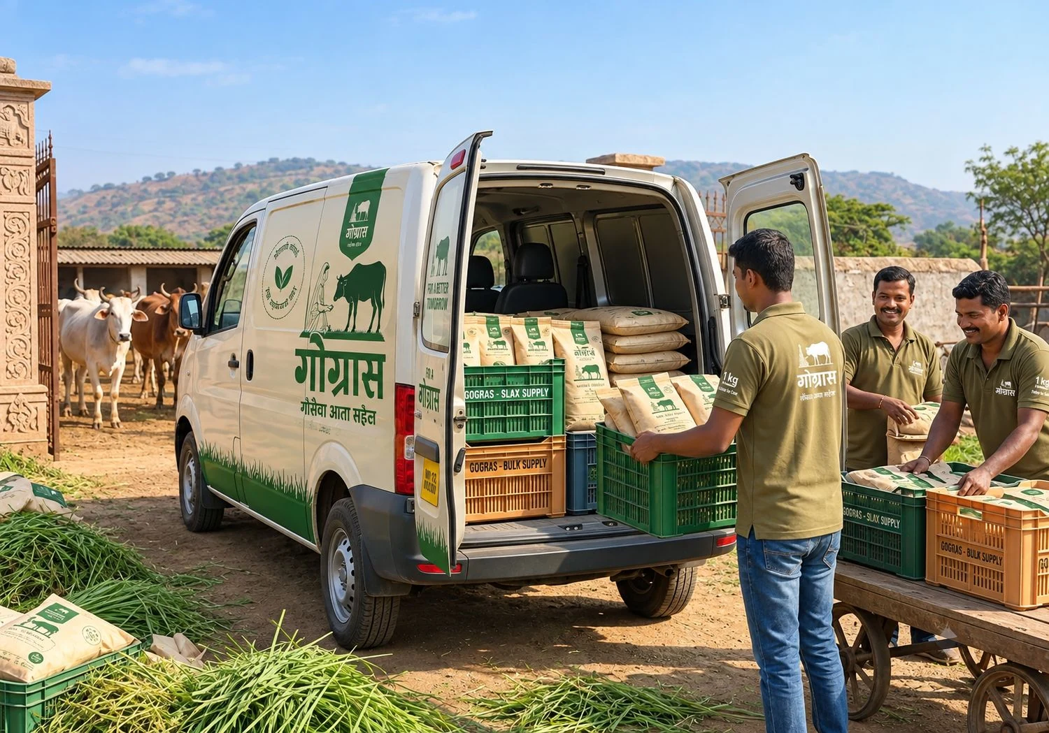 A Gomitra delivery van at a Gaushala gate, with the team unloading crates of 1 kg fodder packs while cows wait in the yard